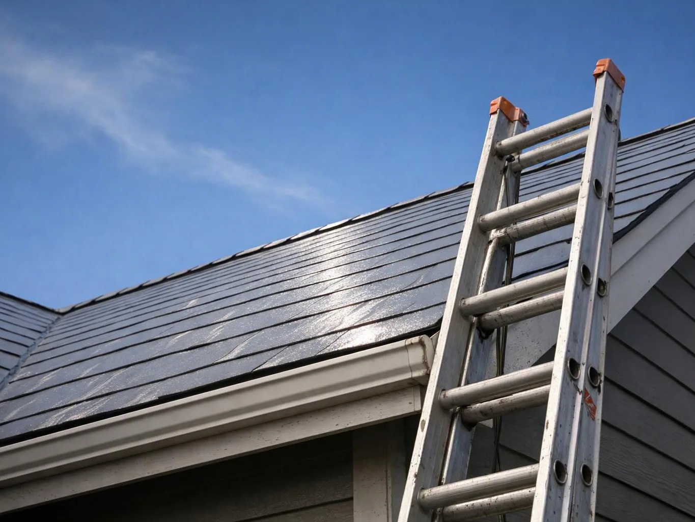 An aluminum ladder leans against a steep gray roof under a clear blue sky