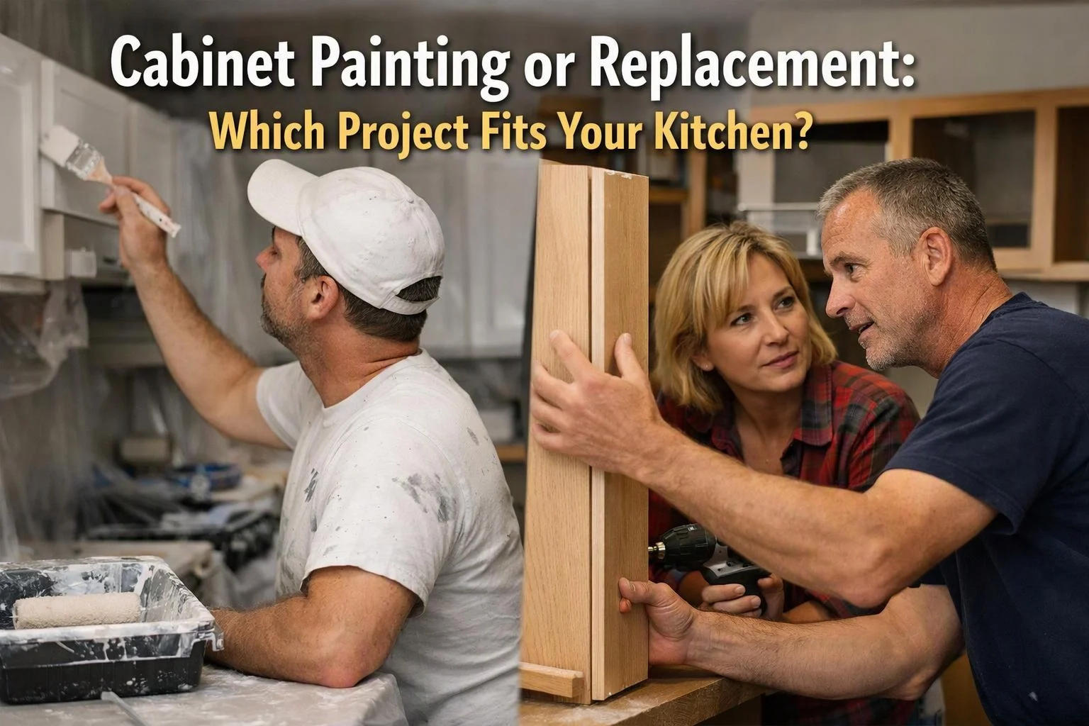 documentary-style photograph of wide establishing view of a setting where "Cabinet Painting or Replacement