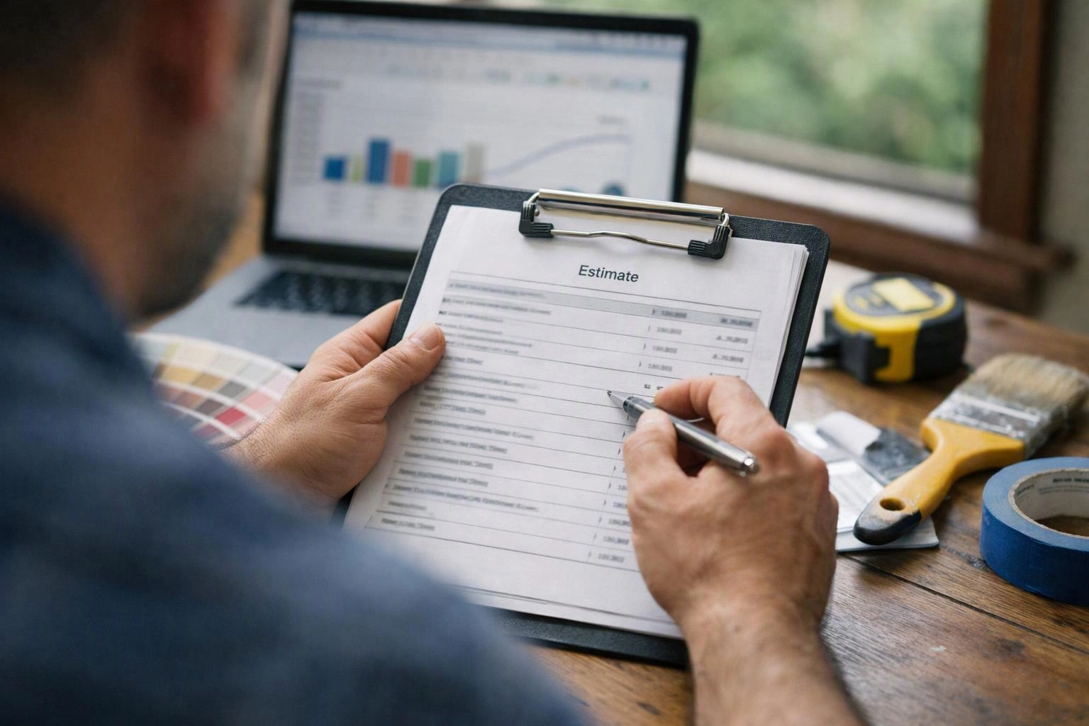 A person reviews an estimate on a clipboard while a laptop and painting tools sit on a wooden table