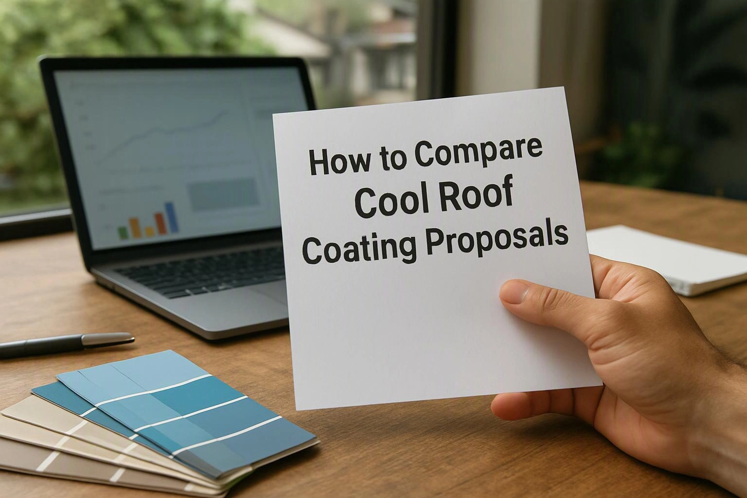 A hand holds a paper reading “How to Compare Cool Roof Coating Proposals” beside a laptop and color swatches on a desk