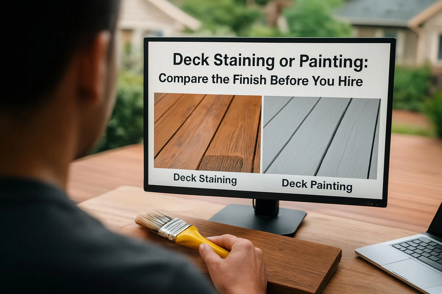 A person studies a monitor comparing deck staining and painting, while holding a paintbrush over wood samples at a desk
