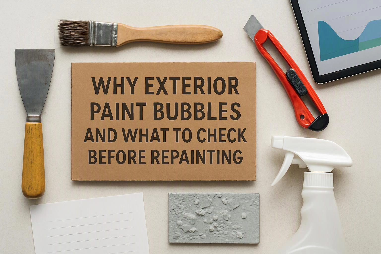 Aerial top-down flat-lay photograph of overhead flat-lay of items that represent "Why Exterior Paint Bubbles and What to Check Before Repainting"