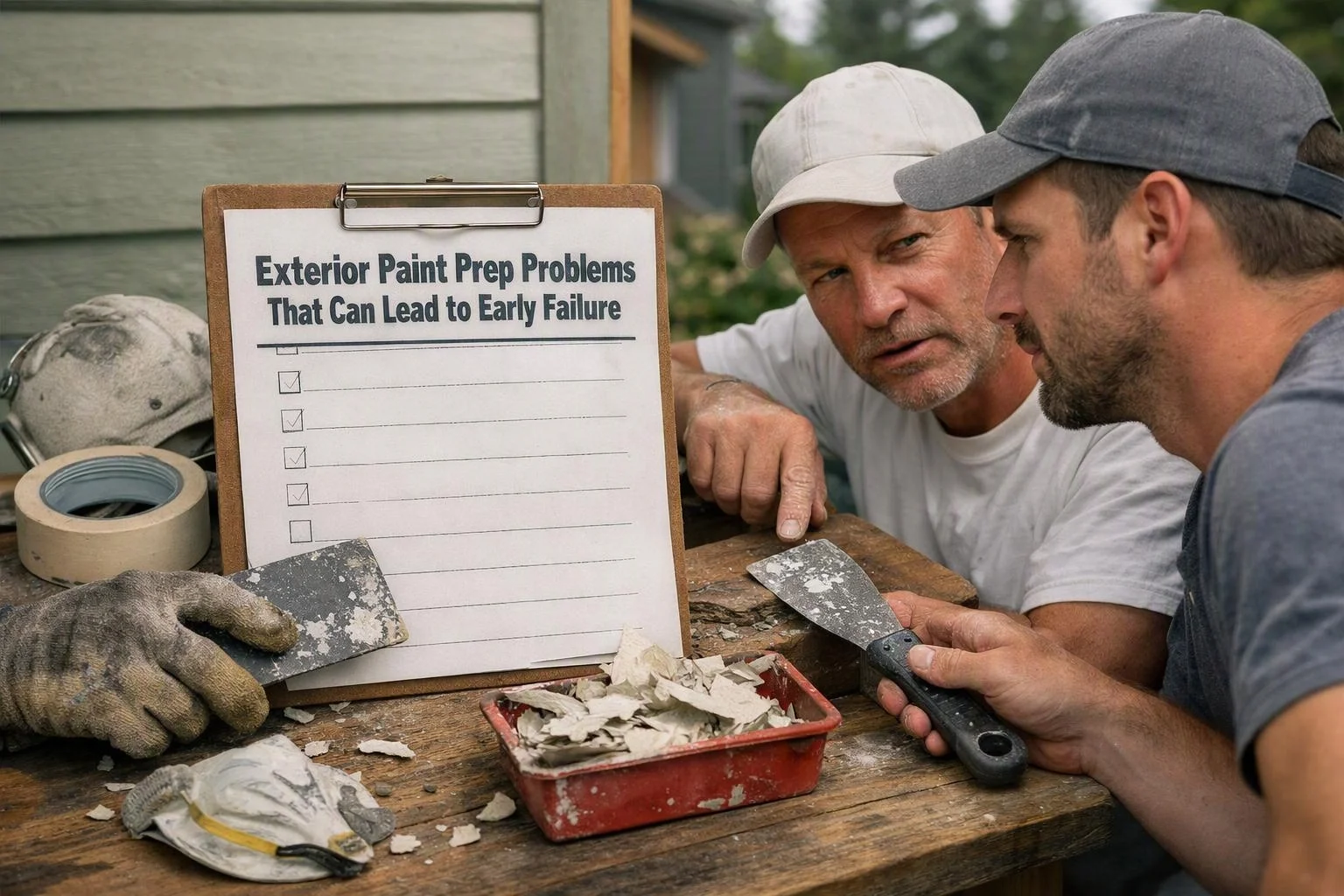 Two men study a clipboard checklist beside paint scrapers, peeling chips, and masking tape on a weathered workbench