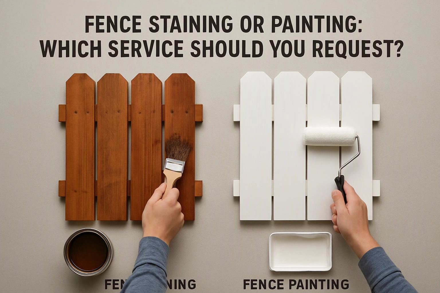Aerial top-down flat-lay photograph of a clear visual metaphor illustrating what "Fence Staining or Painting