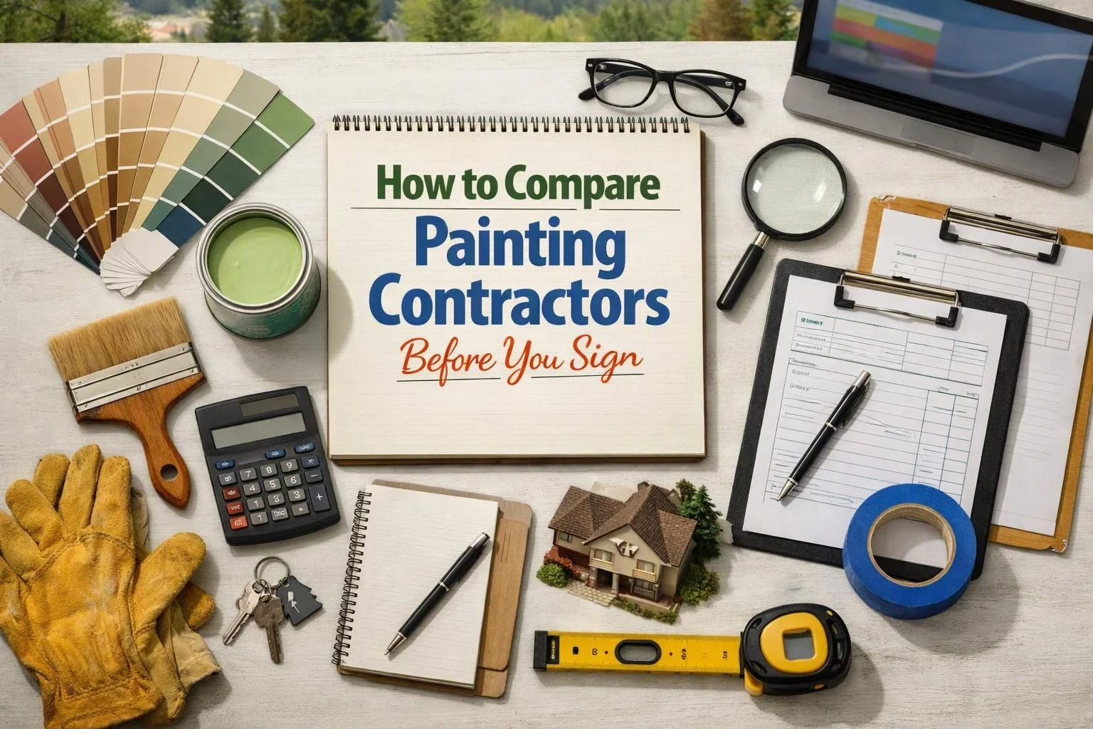 Aerial top-down flat-lay photograph of overhead flat-lay of items that represent "How to Compare Painting Contractors Before You Sign" in a Painting