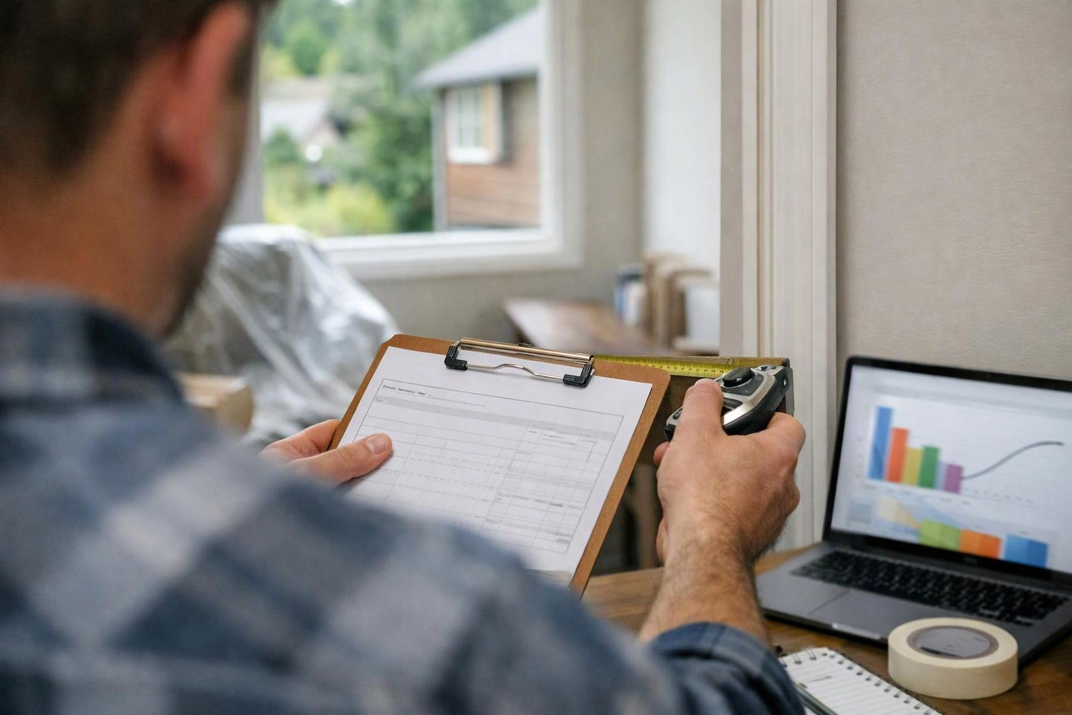 A man measures a wall with a tape and checks a clipboard beside a laptop in a bright room