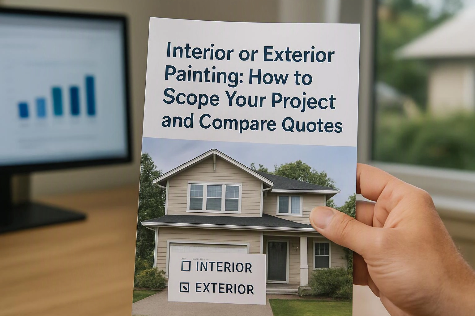 A hand holds a brochure about interior or exterior painting beside a blurred computer monitor and window