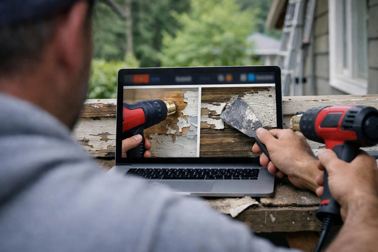 A person watches a laptop showing peeling paint removal while holding a scraper and heat gun outdoors