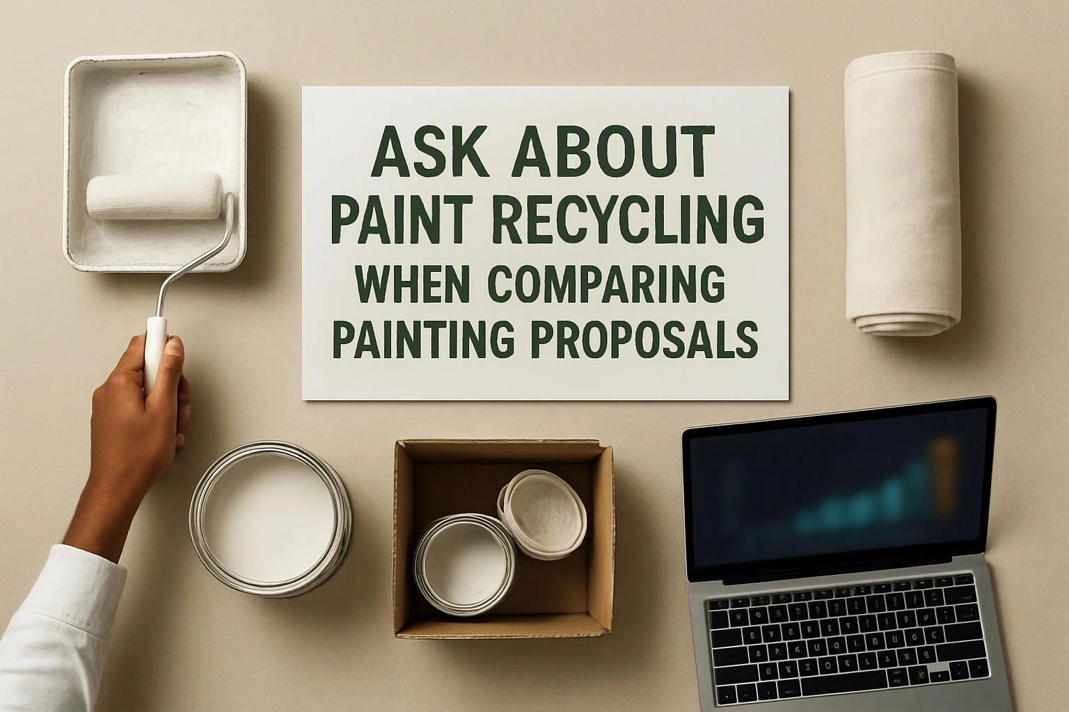 Aerial top-down flat-lay photograph of wide establishing view of a setting where "Ask About Paint Recycling When Comparing Painting Proposals" naturally arises