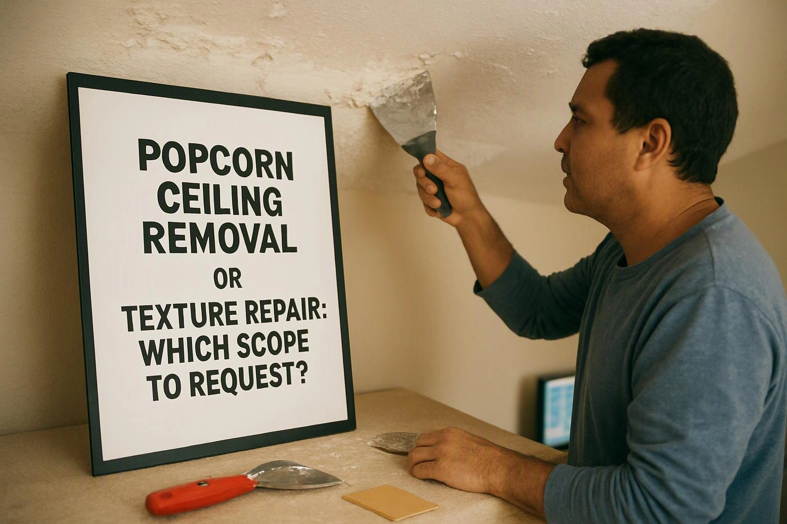 A man scrapes a textured ceiling beside a framed sign about popcorn ceiling removal in a room