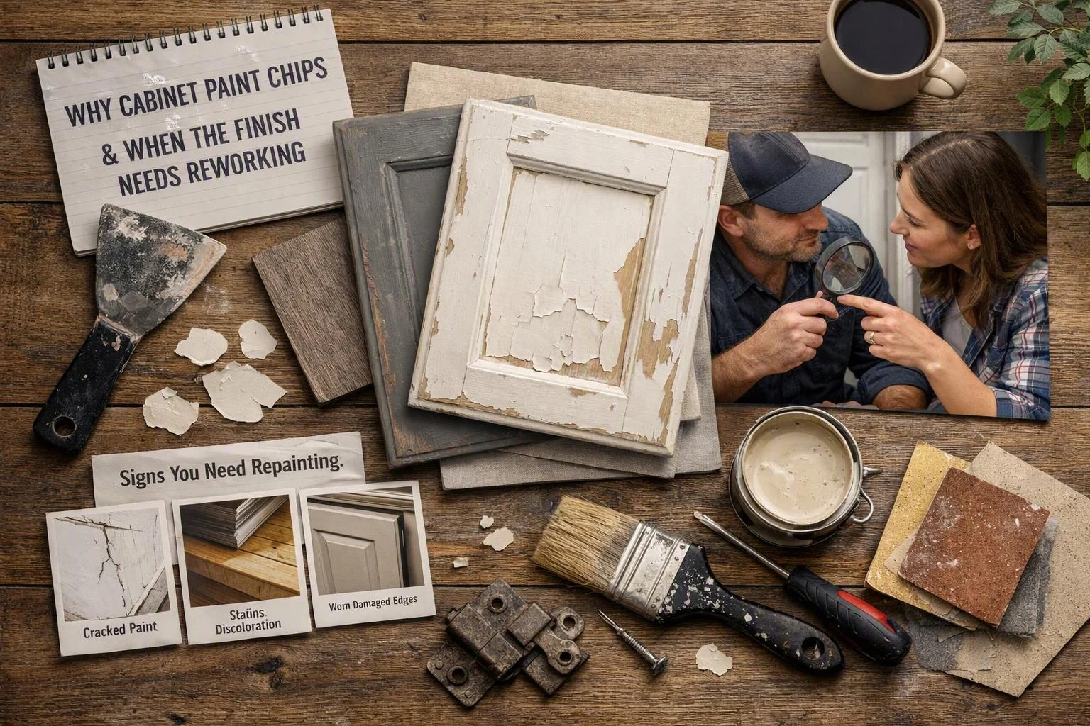 Advertising-grade tabletop still life photograph of overhead flat-lay of items that represent "Why Cabinet Paint Chips and When the Finish Needs Reworking"