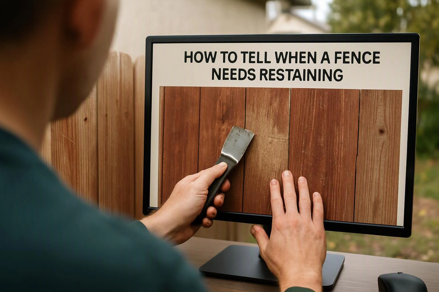 A person points at a monitor showing a wood fence and the words “HOW TO TELL WHEN A FENCE NEEDS RESTAINING”
