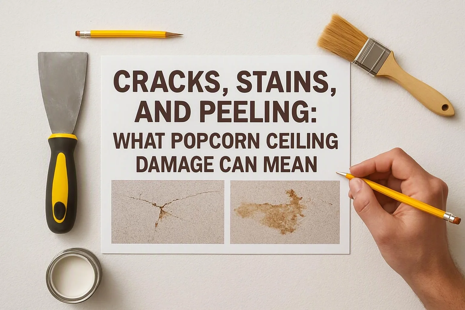 A hand holds a pencil over a repair flyer showing ceiling cracks, stains, and peeling, surrounded by tools