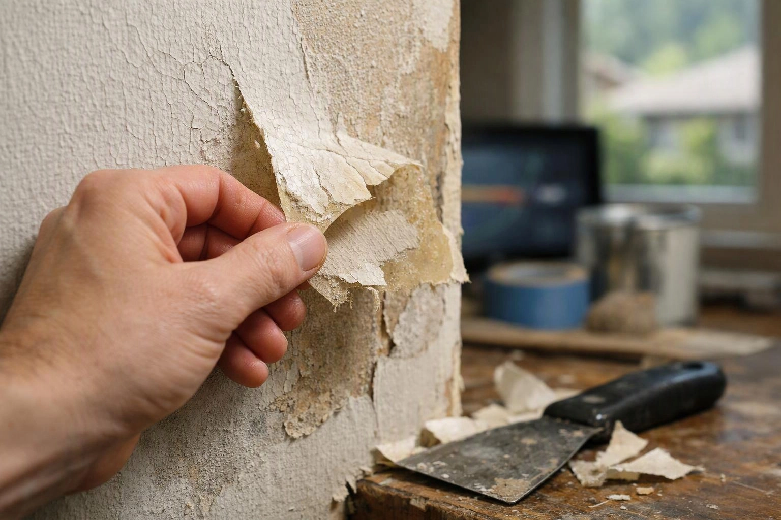A hand peels old wallpaper from a damaged wall beside a scraper on a worktable