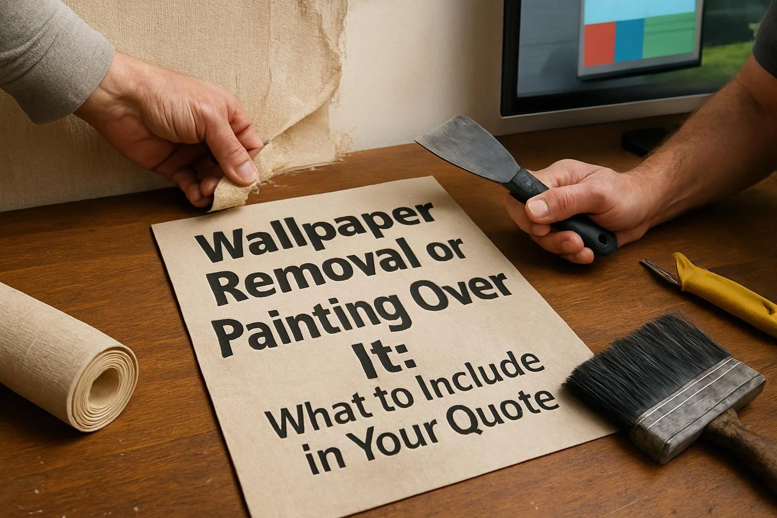 Two hands peel wallpaper beside tools and a printed sheet on a wooden desk