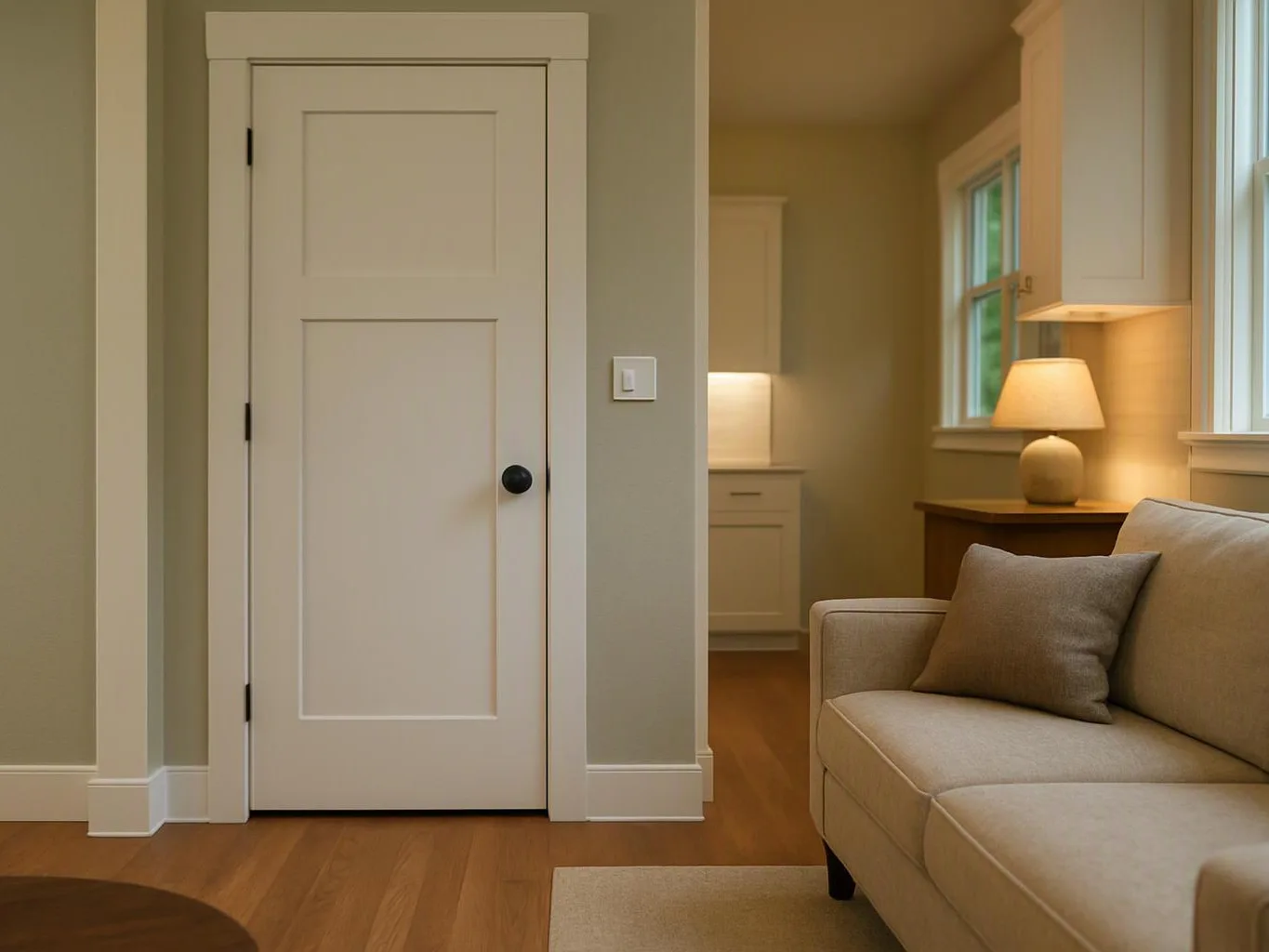 A beige sofa and lit table lamp sit beside a white door in a tidy living room
