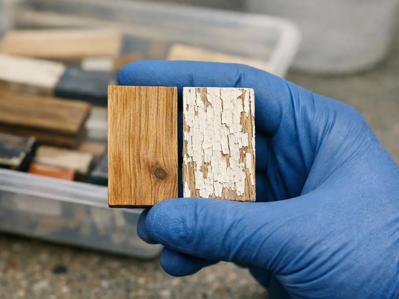 A blue-gloved hand holds two small wood samples, one smooth and one peeling paint, over a plastic storage bin