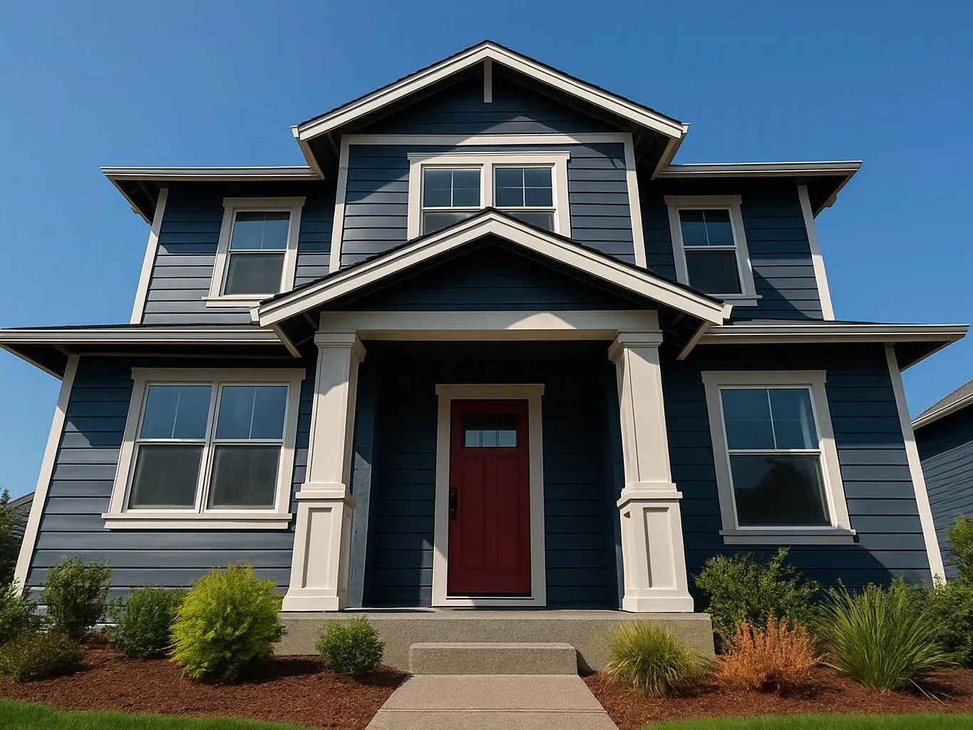 A blue two-story house with white trim and a red front door stands under a clear sky