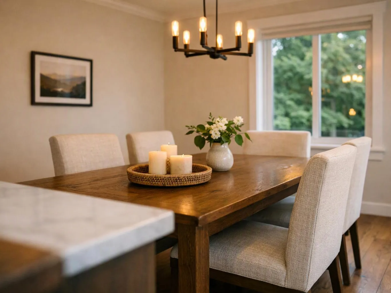 A bright dining room shows a wooden table with candles, flowers, and beige upholstered chairs beneath a black chandelier