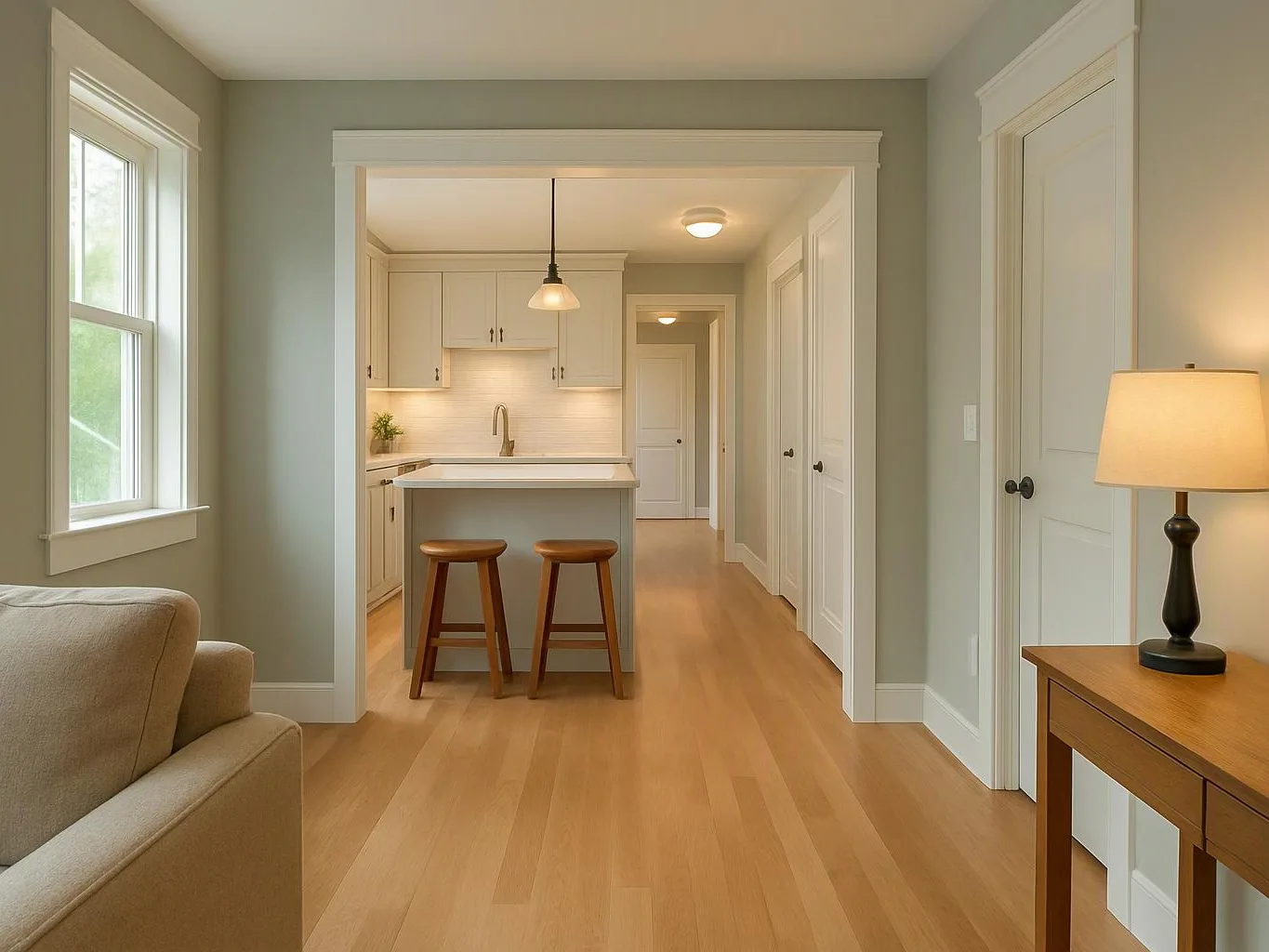 A bright living room opens to a small kitchen with two stools and warm wood floors