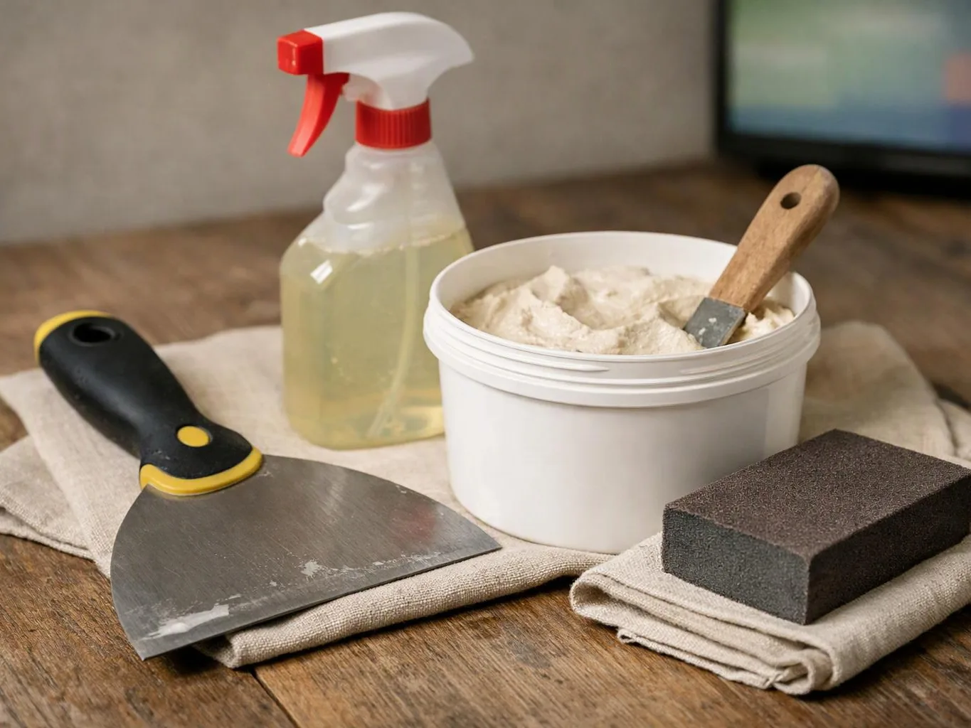 Cleaning tools sit on folded cloths beside a bucket of paste and a spray bottle on a wooden table