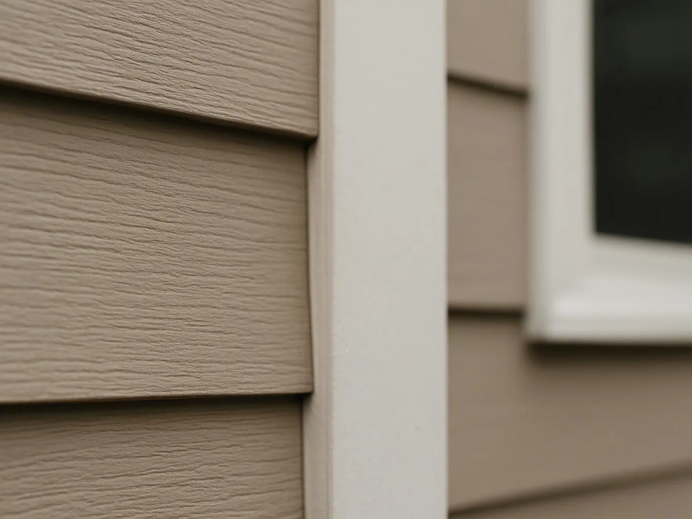 Close-up of beige siding and white trim beside a blurred window on a house wall
