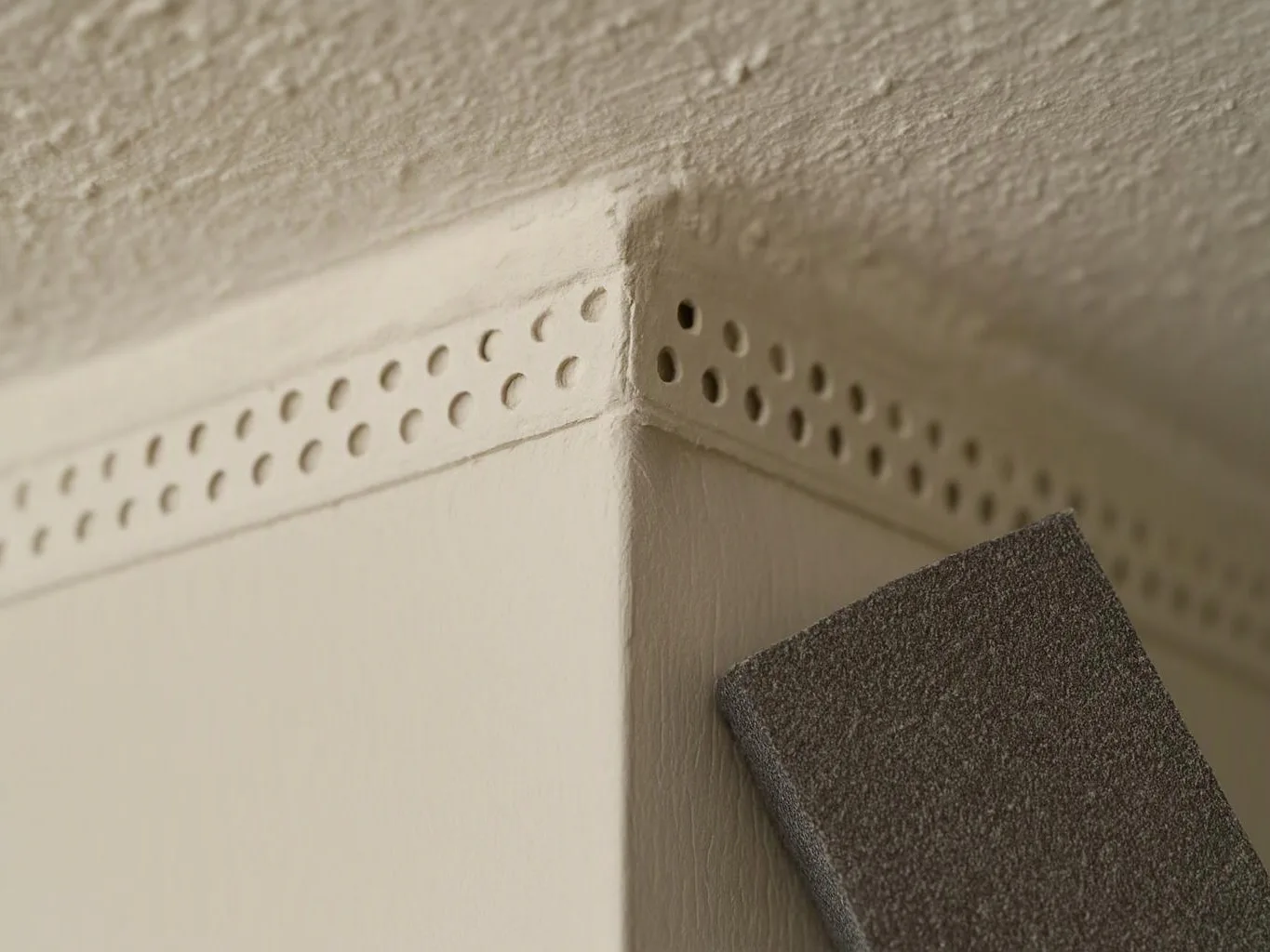 Close-up of a painted wall corner with a perforated trim strip and a sanding block touching the edge