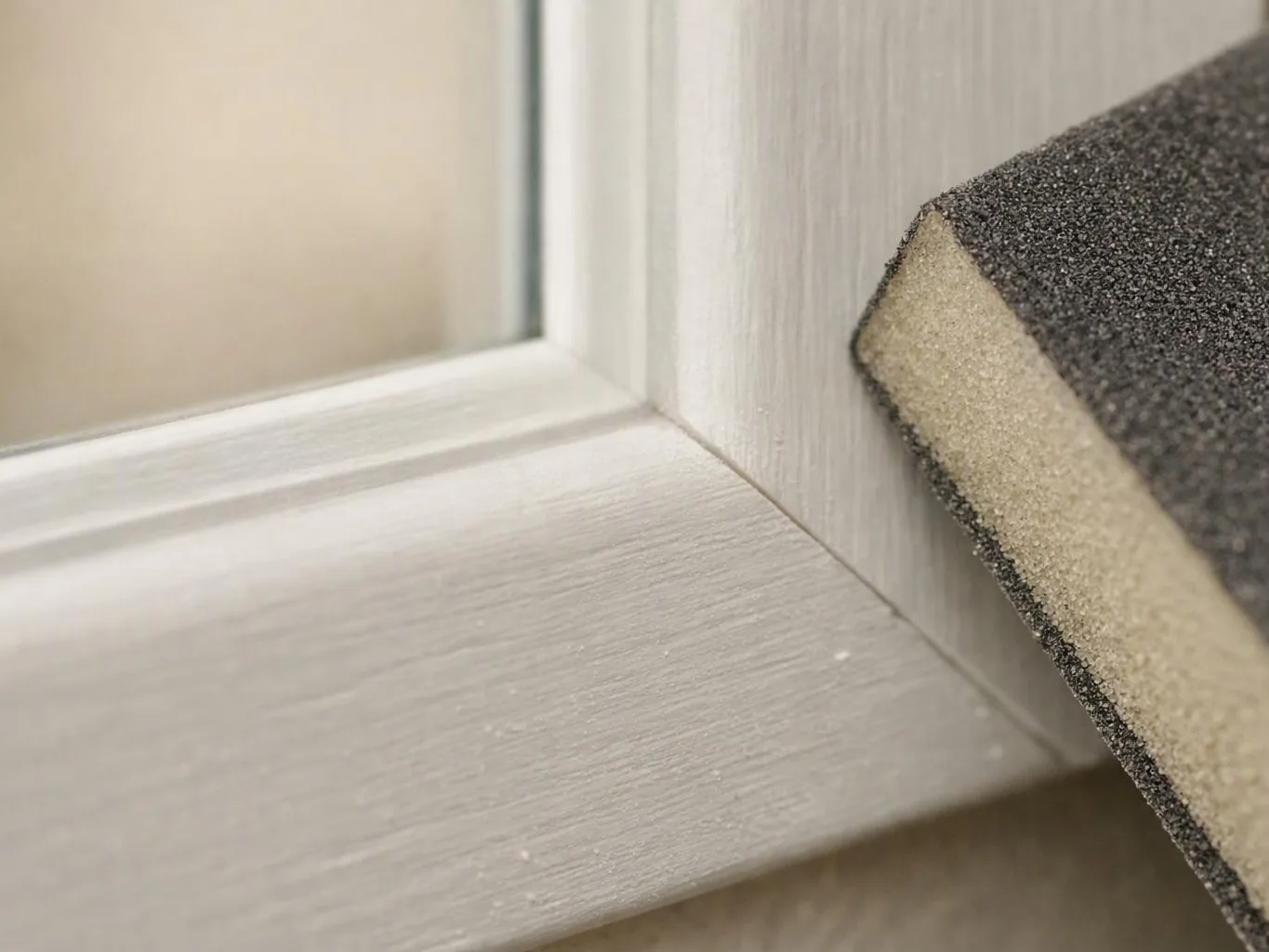 Close-up of a sanding block smoothing the corner of a white painted wooden frame