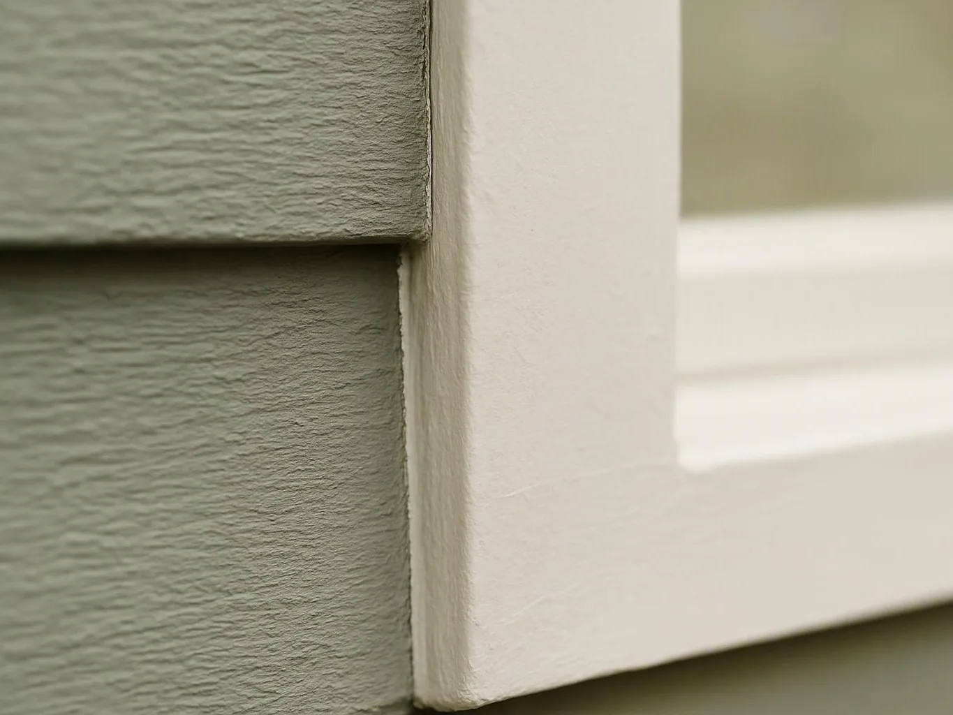 Close-up of a white window frame beside green textured siding on a house
