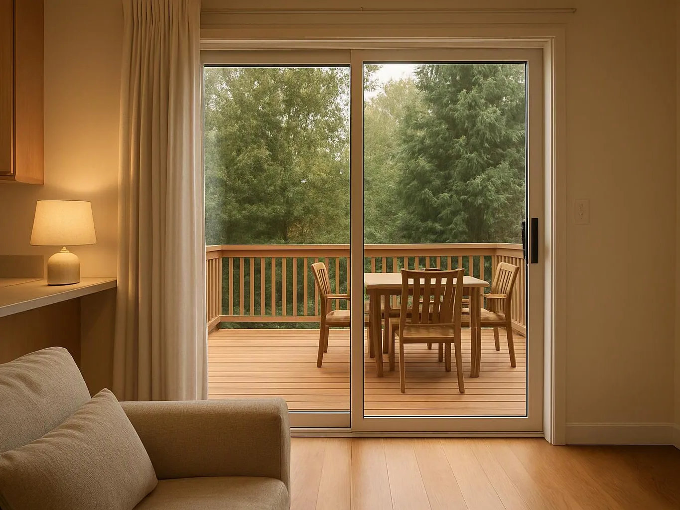 A cozy living room opens to a wooden deck with a table and chairs outside