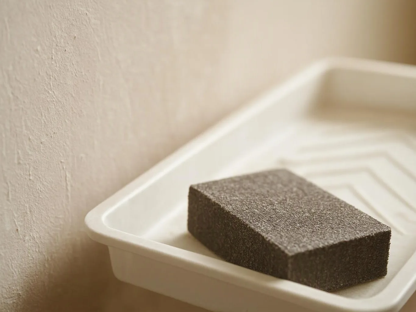 A dark cleaning sponge rests in a white tray beside a beige textured wall