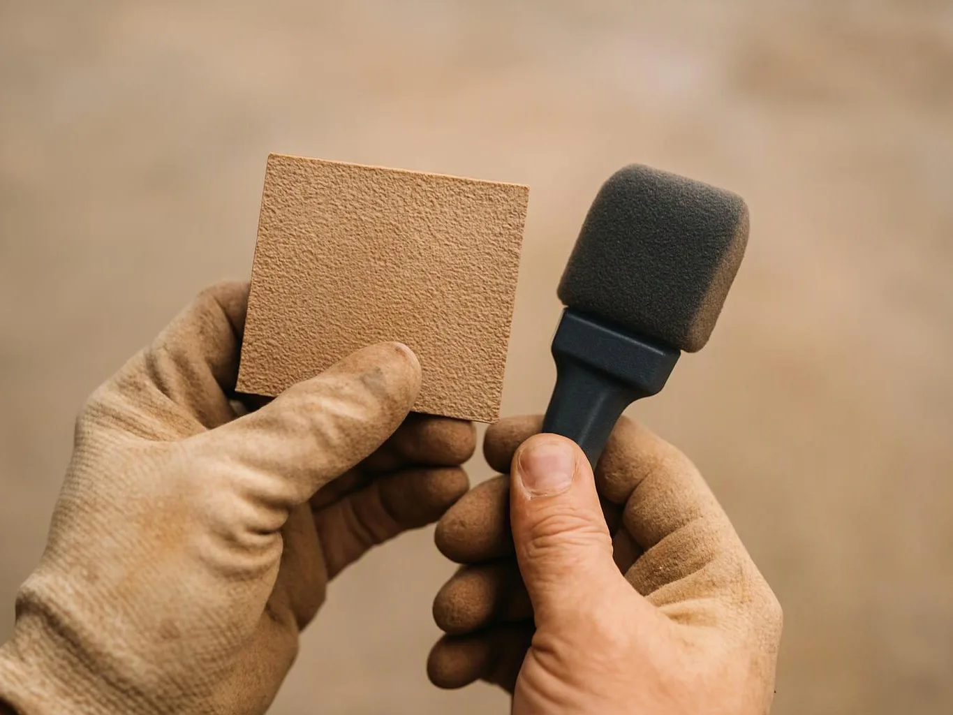 Dusty hands hold a textured tan sample card and a black foam brush against a plain beige background