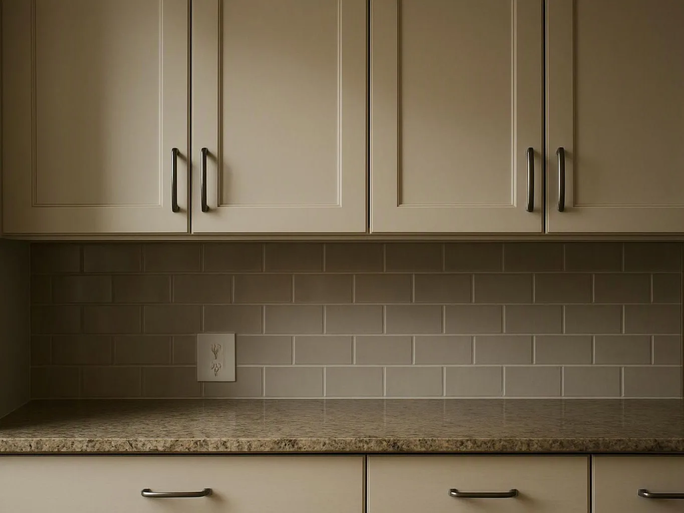 Empty kitchen counter with beige cabinets, subway tile backsplash, and a wall outlet visible