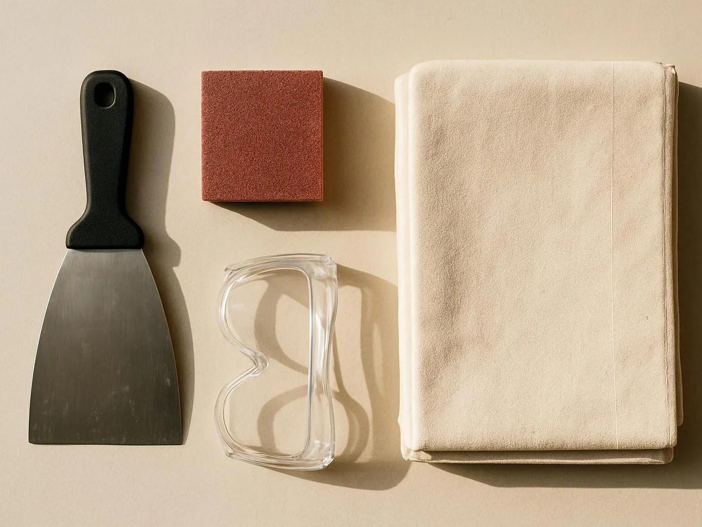 A flat lay shows a metal scraper, a red sanding block, a clear tape dispenser, and folded beige cloth on a tan surface