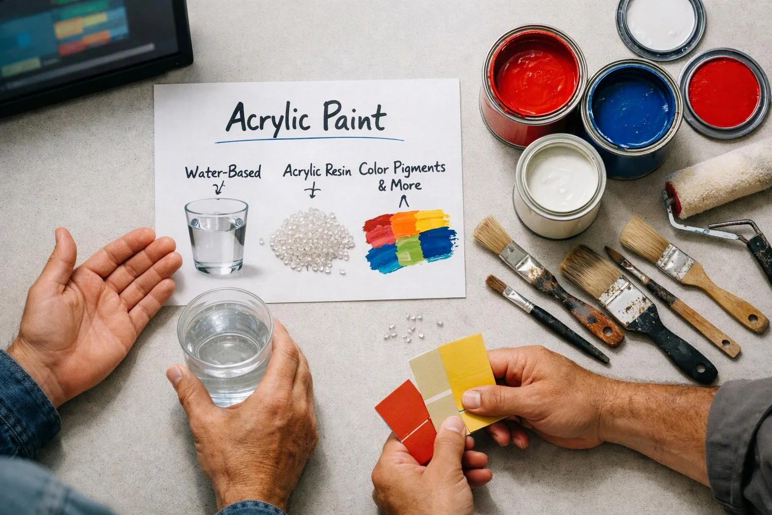 Hands hold a water glass and paint swatches beside an acrylic paint information sheet, brushes, and open paint cans