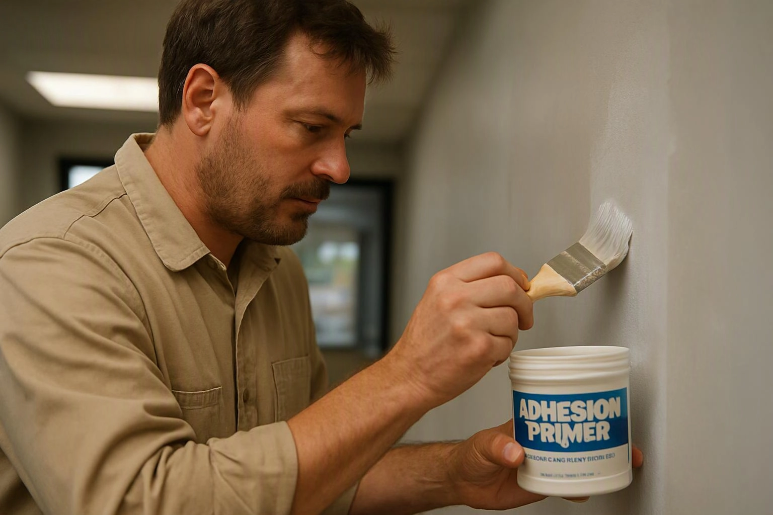 A man paints a wall with a brush while holding a container labeled “ADHESION PRIMER”