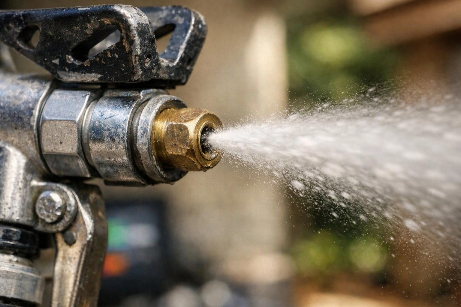 A metal hose nozzle sprays a strong stream of water against a blurred outdoor background