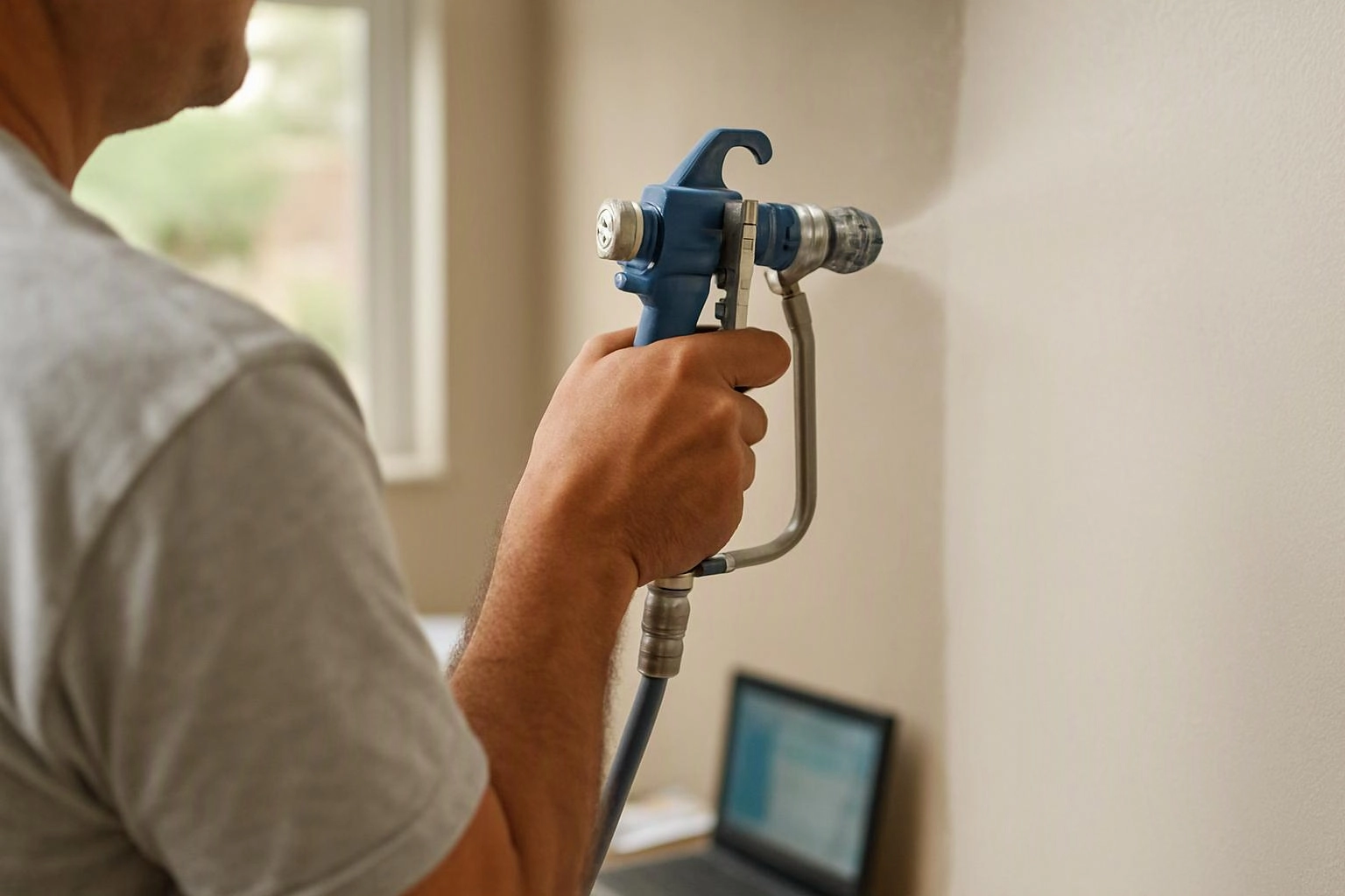 A person holds a blue paint sprayer and coats a wall in a bright room