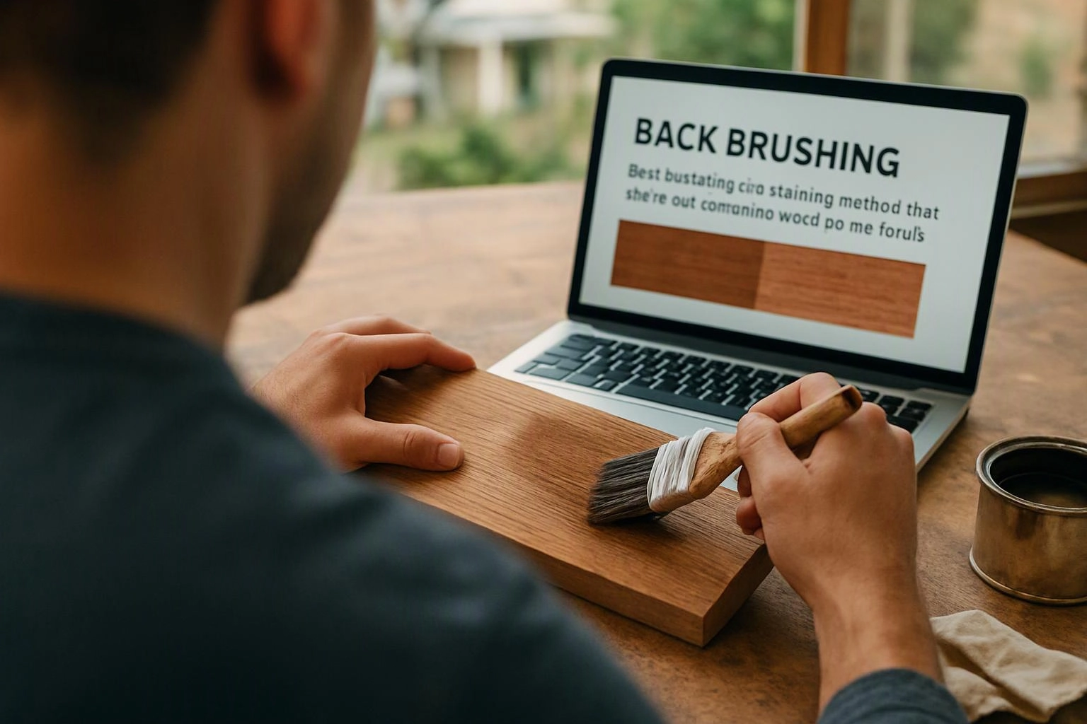 A person brushes stain onto a wooden board beside a laptop showing a wood-finishing guide