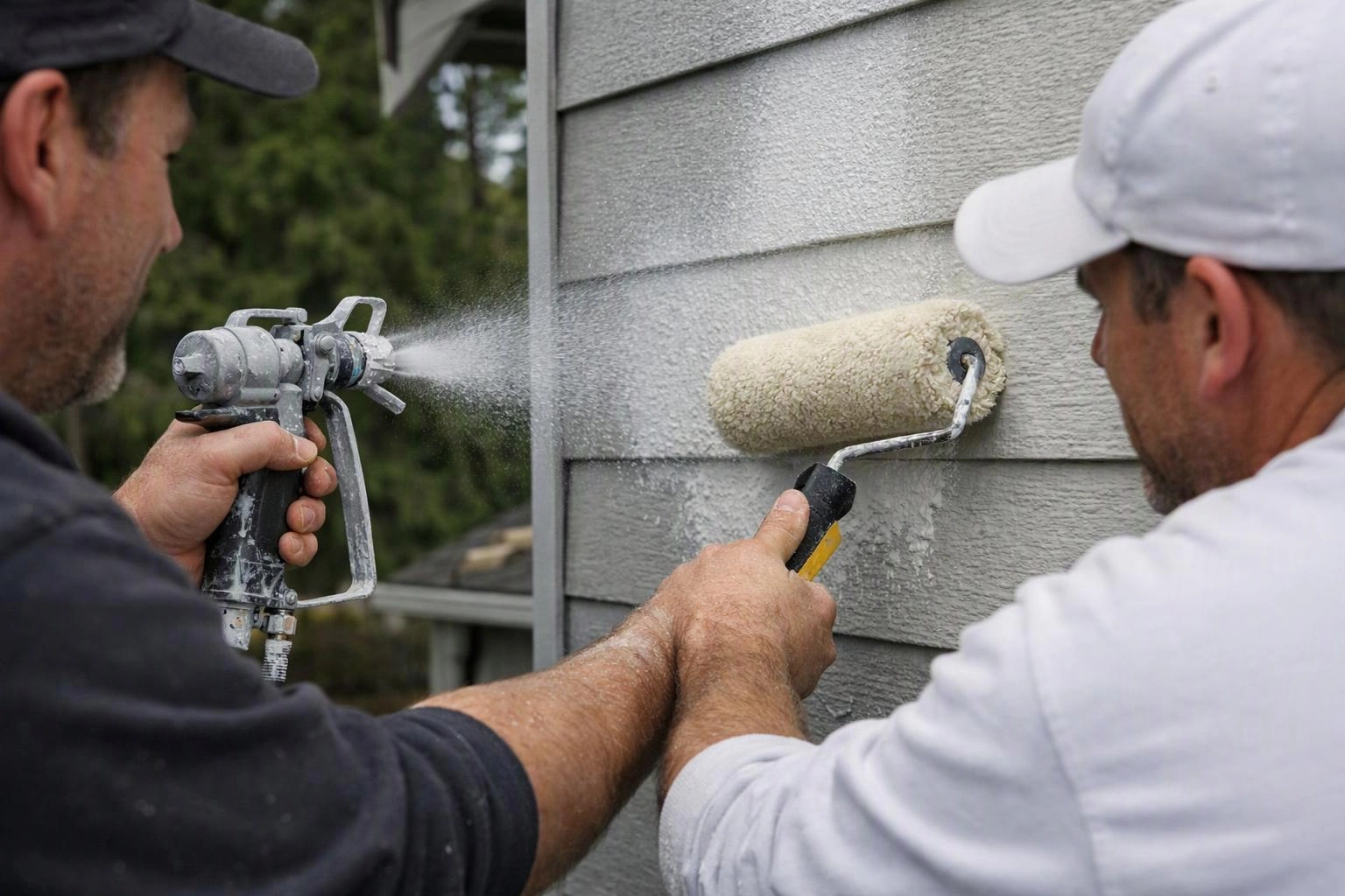 Two workers paint gray siding, one spraying and one rolling paint on the wall