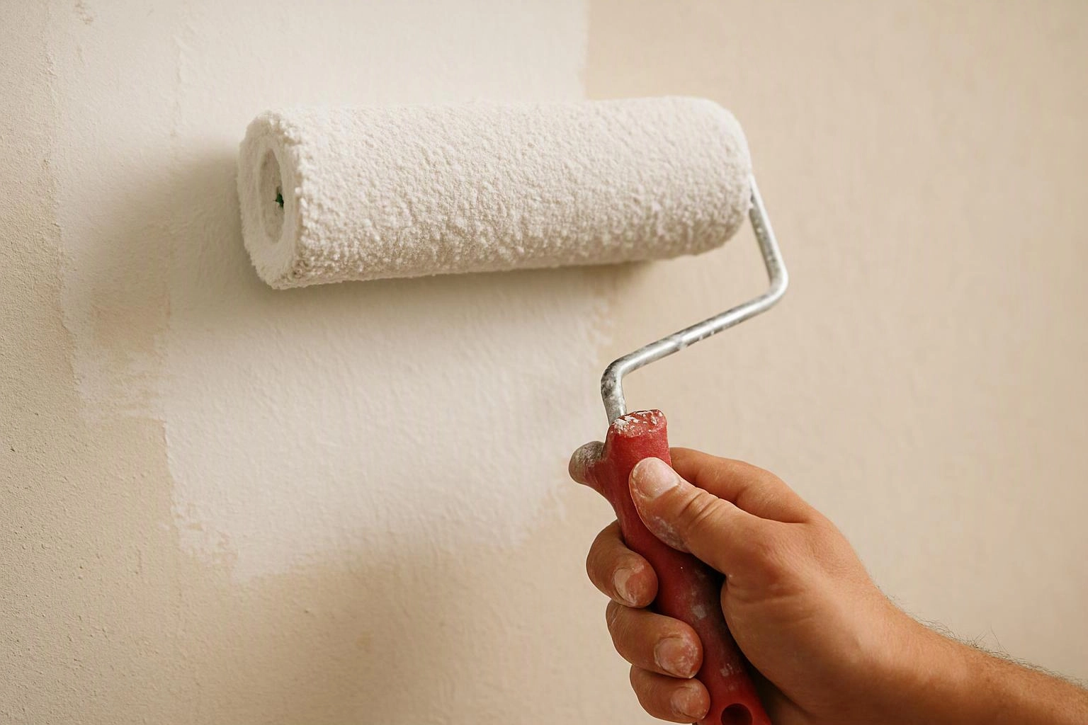 A hand rolls white paint onto a beige wall with a paint roller