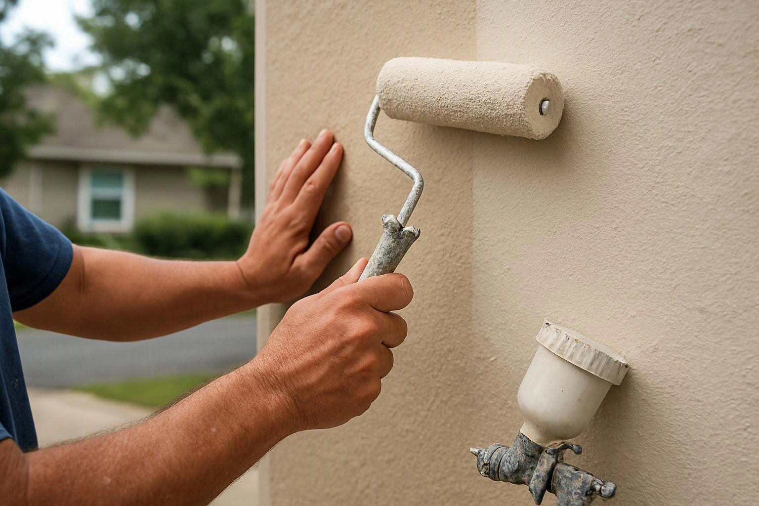 A person paints a beige exterior wall with a roller beside a small utility fixture outside