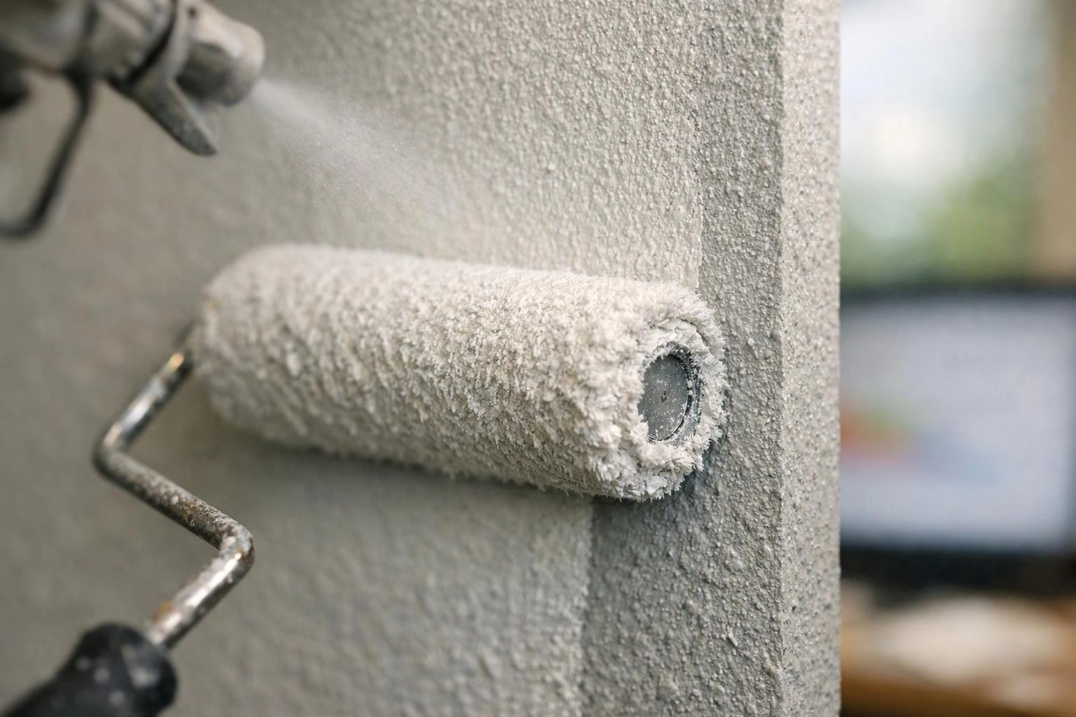 A paint roller spreads white paint on a textured wall, with a spray gun blurred in the corner