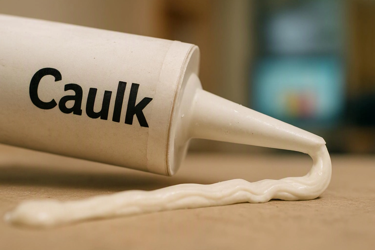 A white caulk tube squeezes out a thick bead onto a beige surface with a blurred background