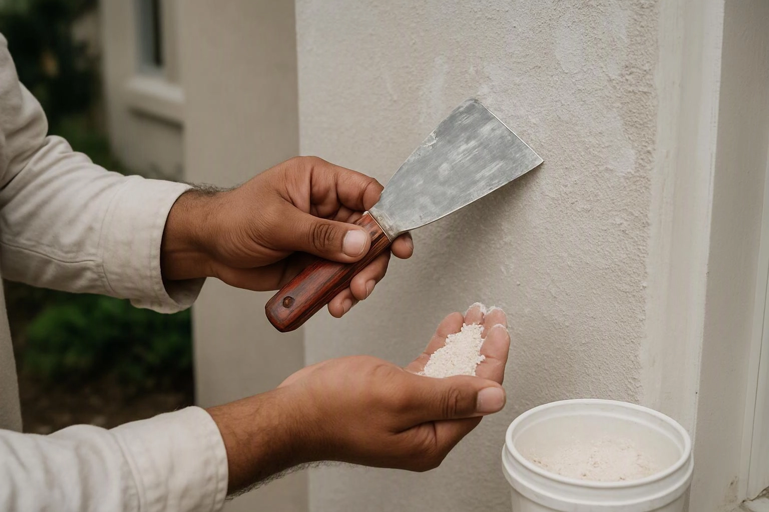 A person holds a putty knife and white plaster powder beside a textured wall outdoors
