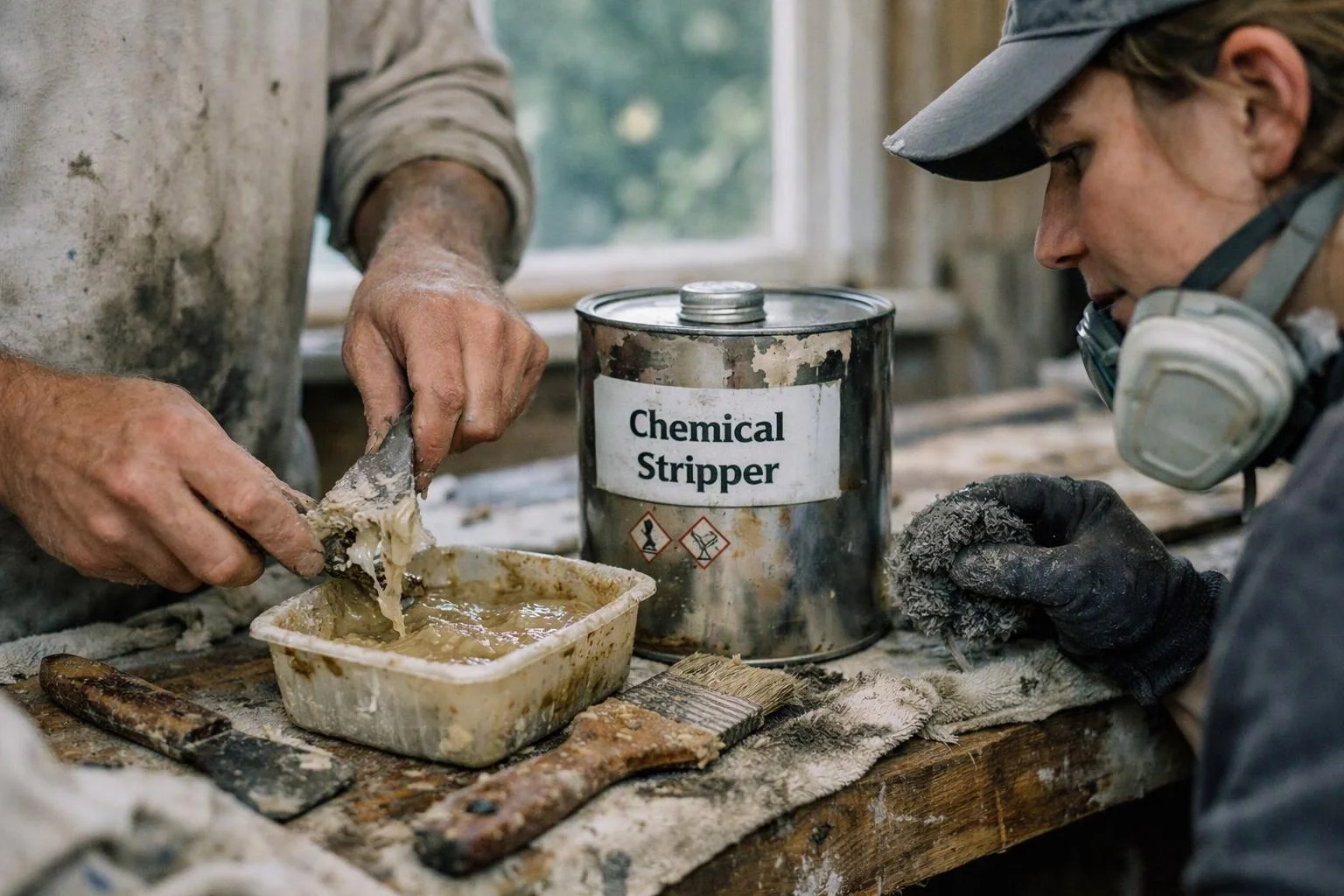 Two people work at a messy table, stripping paint from tools with chemical liquid and rags