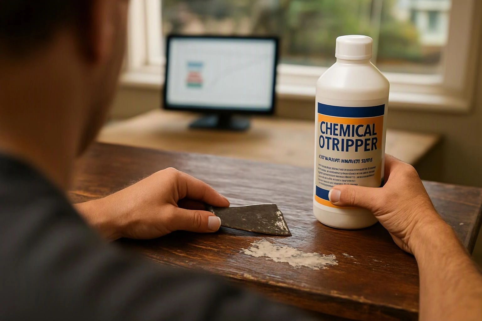 A person holds a scraper and a chemical stripper bottle over a wooden table with peeled finish and a computer in the background