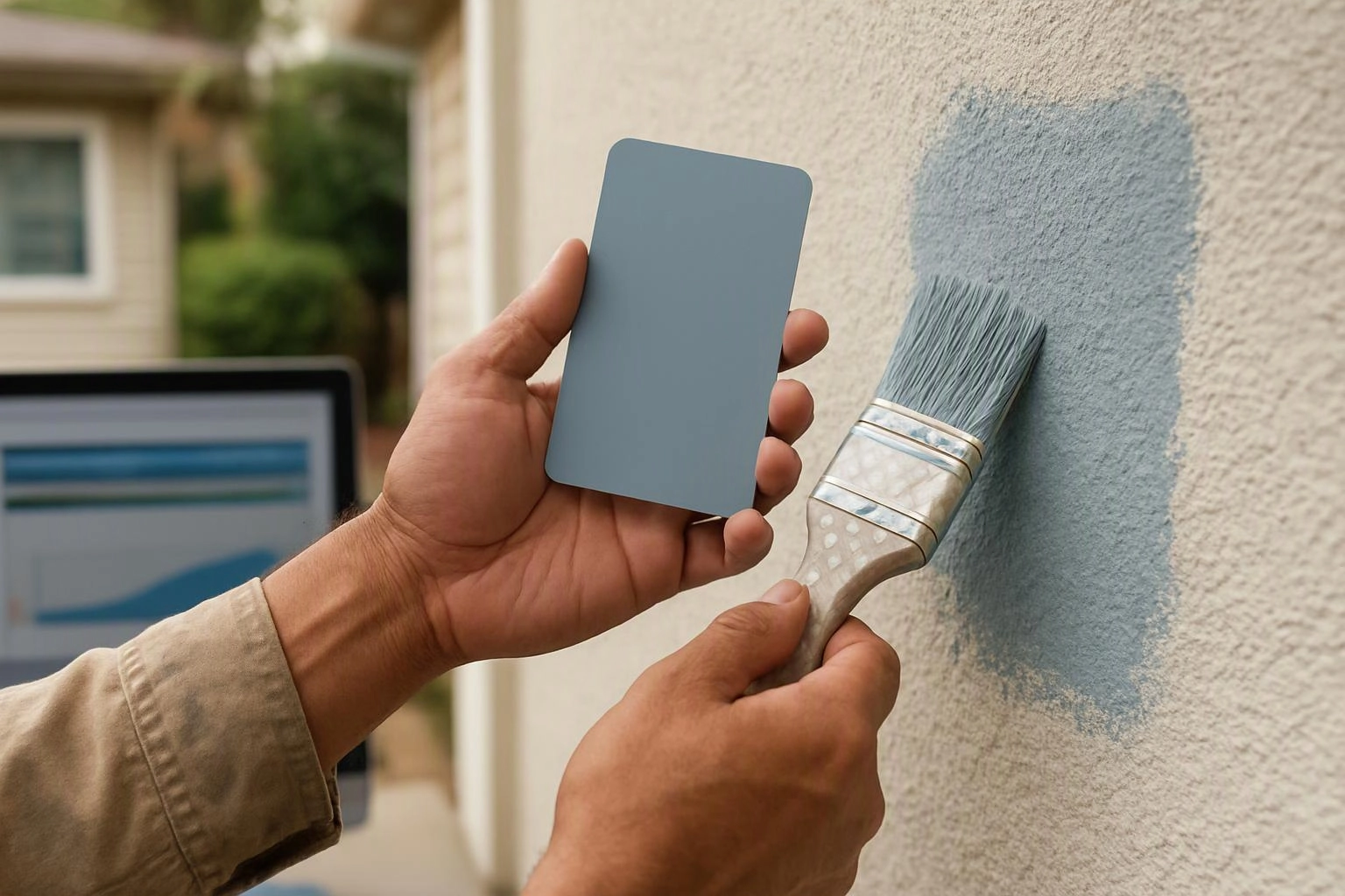 A person paints a wall blue while holding a color sample card beside the brush stroke