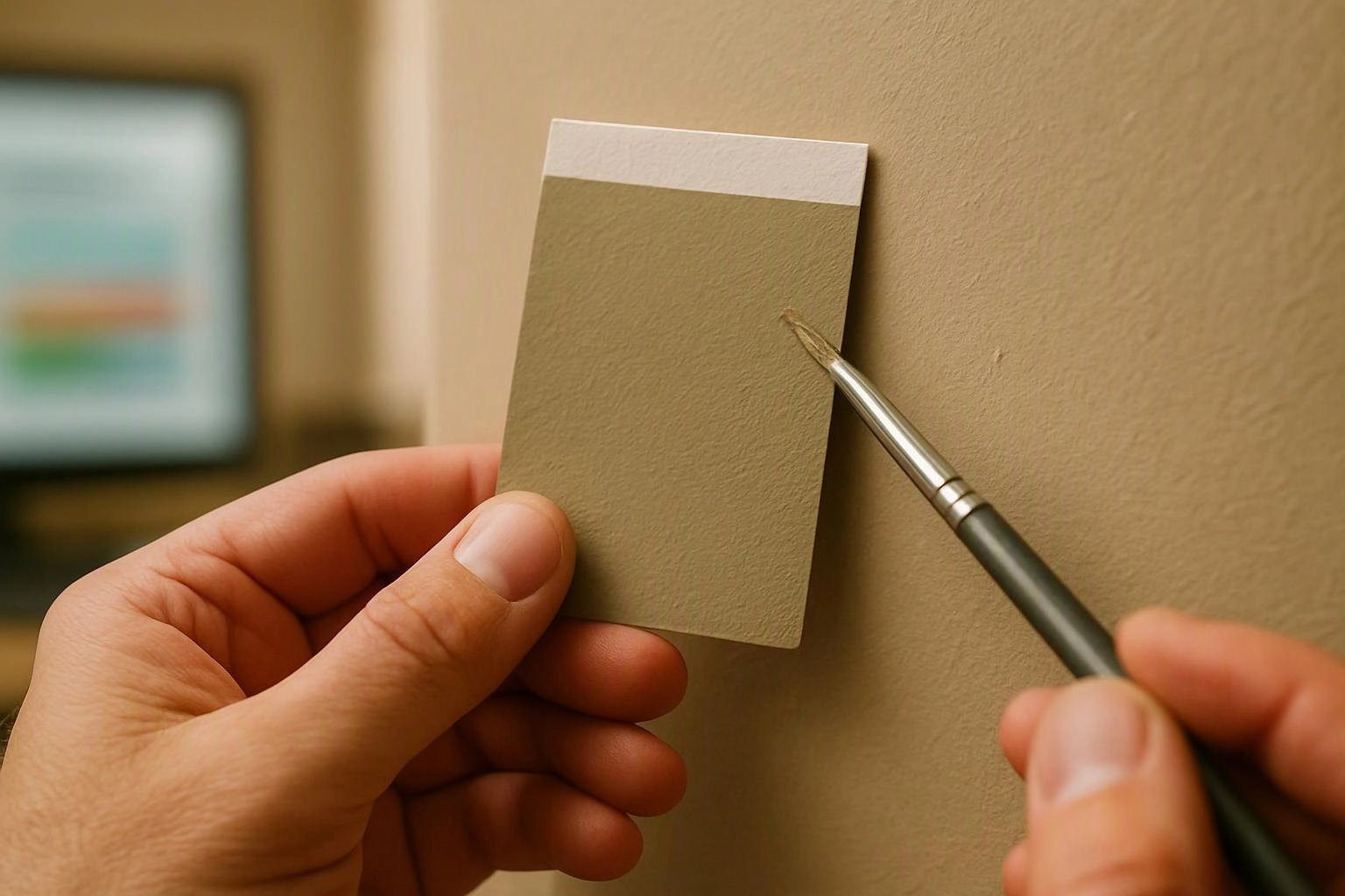 Hands hold a blank color swatch while a paintbrush tests the wall beside it