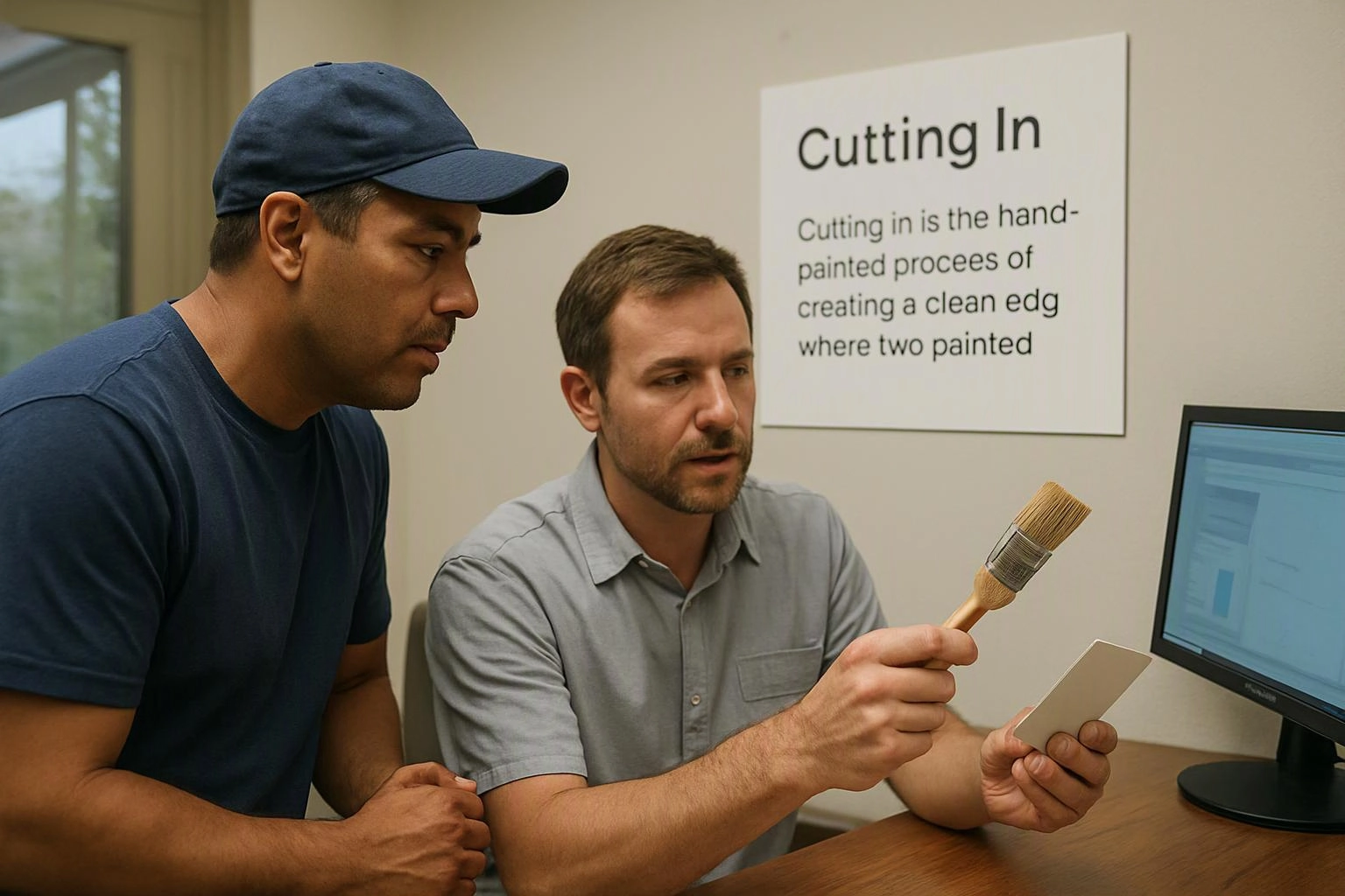 Two men study a paintbrush and sample card beside a computer in a room with a “Cutting In” sign
